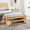 Bamboo shoe rack bench with cushion, featuring three tiers for storage, ergonomic height, and modern design for bedroom.