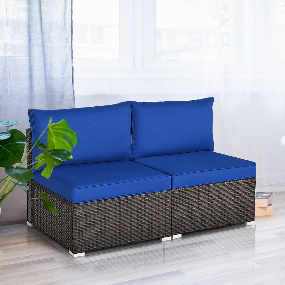 Armless patio sofa set in navy with two cushions, perfect for outdoor or indoor relaxation.