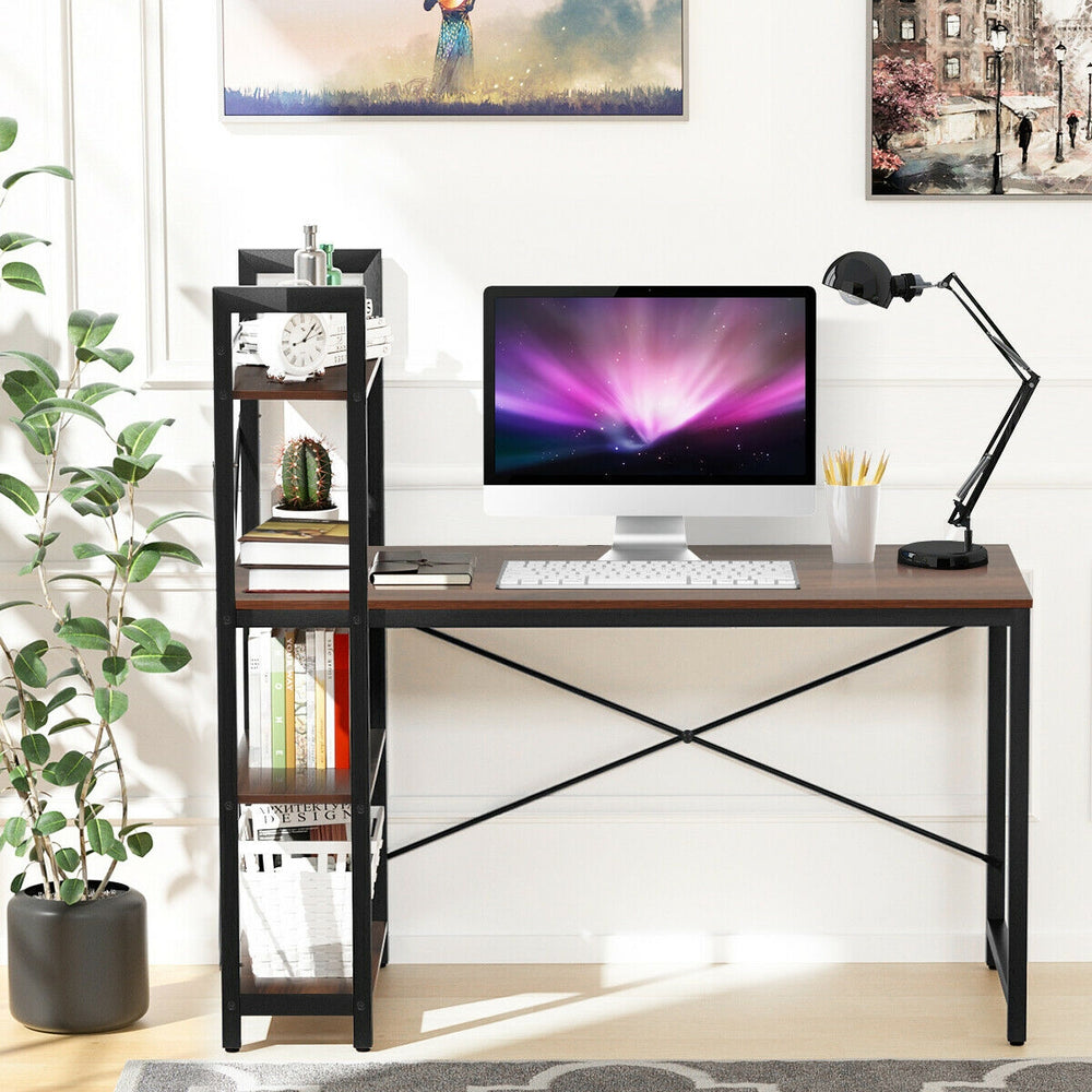 Compact 47.5-inch writing desk with 4-tier shelves, adjustable legs, and X-shape frame for stability, ideal for home.
