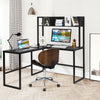 Black L-shaped corner desk featuring a spacious tabletop and sturdy powder-coated iron frame, perfect for efficient.