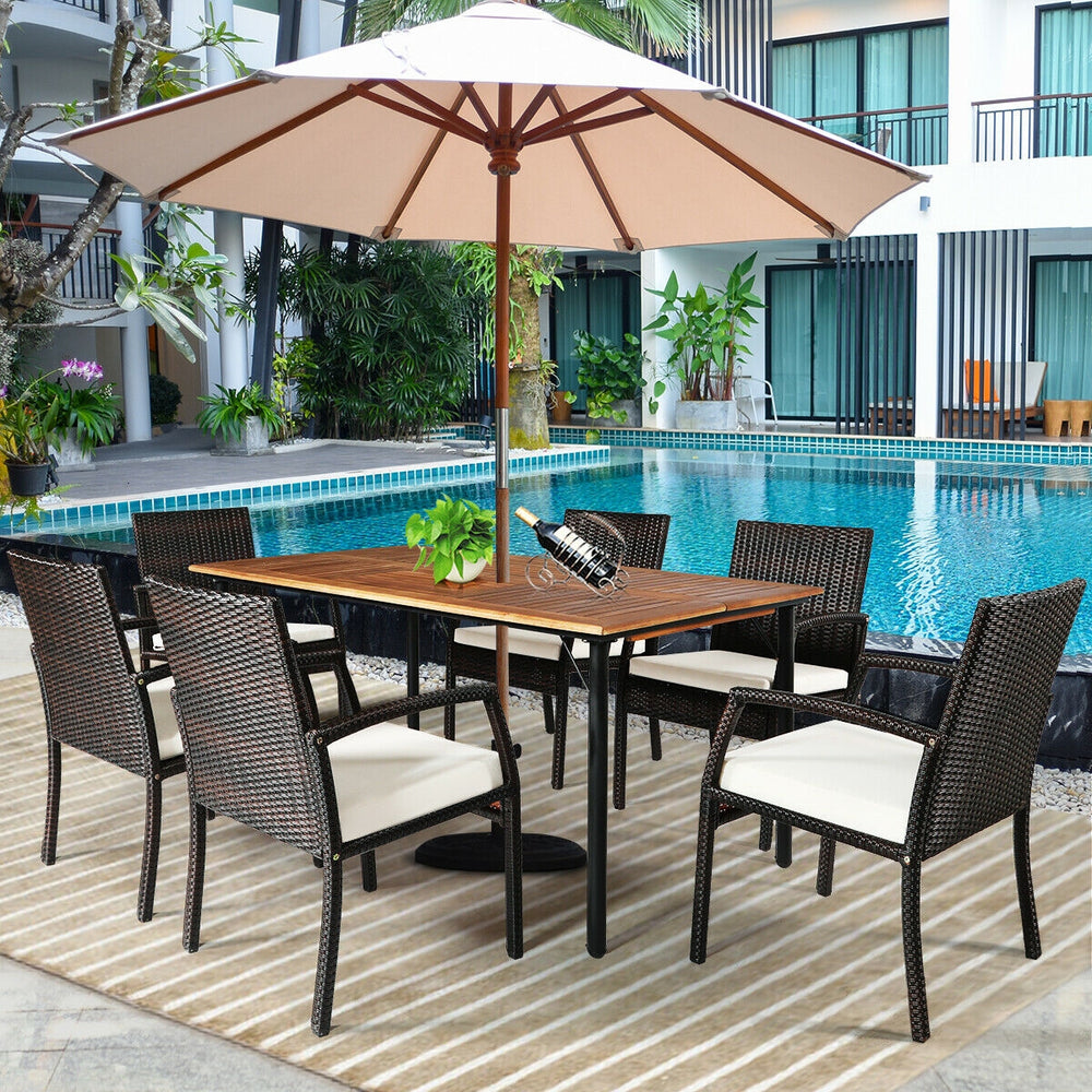 Cushioned armchair from the 7PCS patio dining set, showcasing durable PE rattan and ergonomic design for outdoor.