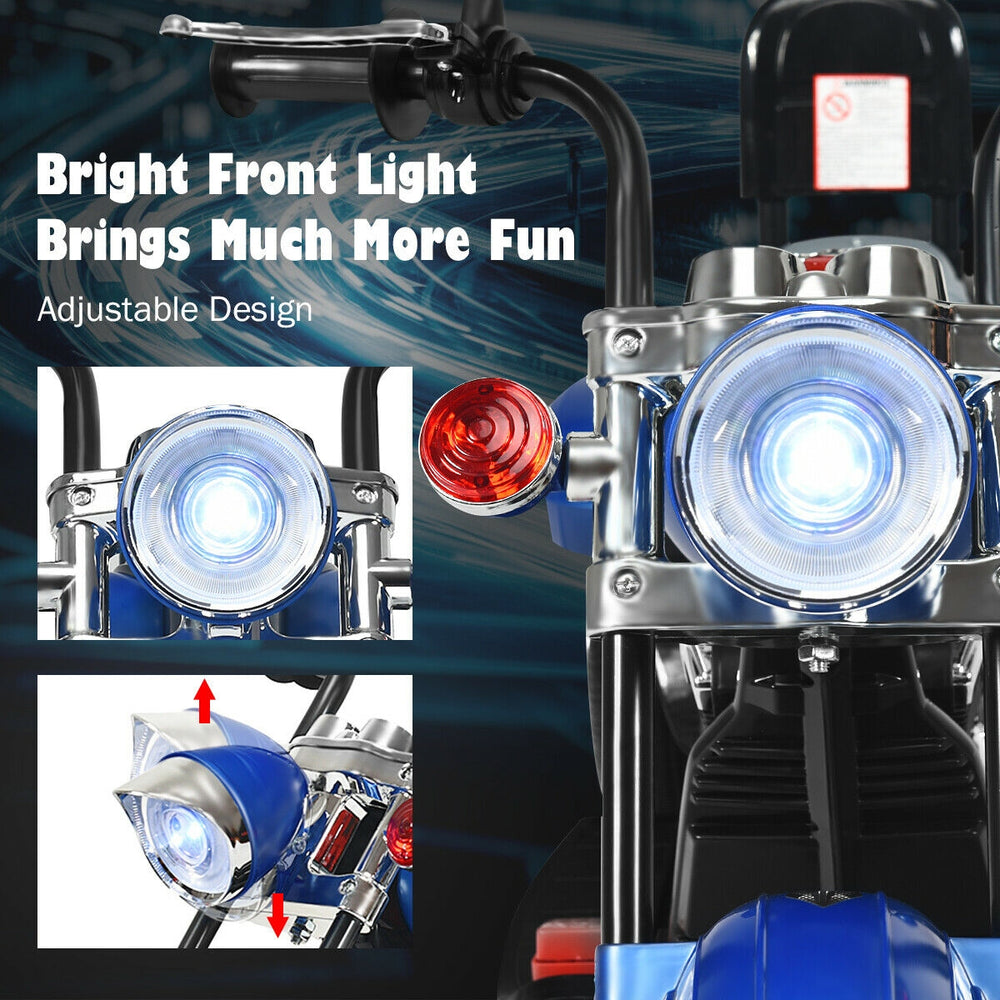 Front view of the 6V 3 Wheel Kids Motorcycle in blue, featuring an adjustable headlight for added fun and safety.