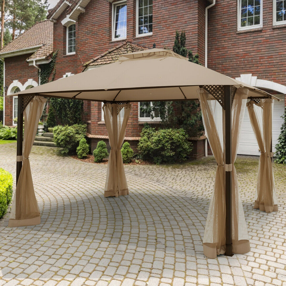 Outdoor 12 x 10 feet brown double top patio gazebo with netting, featuring a sturdy steel frame and ample shade for.