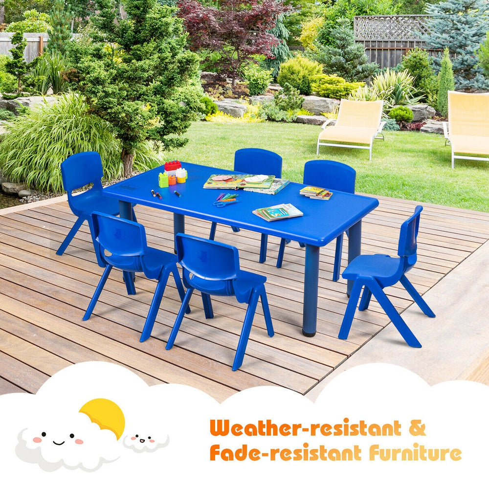Blue stackable classroom chairs for kids, weather- and fade-resistant, ideal for indoor and outdoor use.