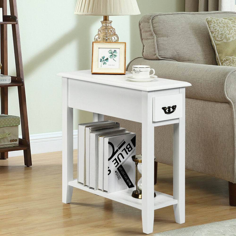 Narrow white 2-tier end table with drawer and lower shelf, made of P2 MDF and rubber wood, perfect for small spaces.