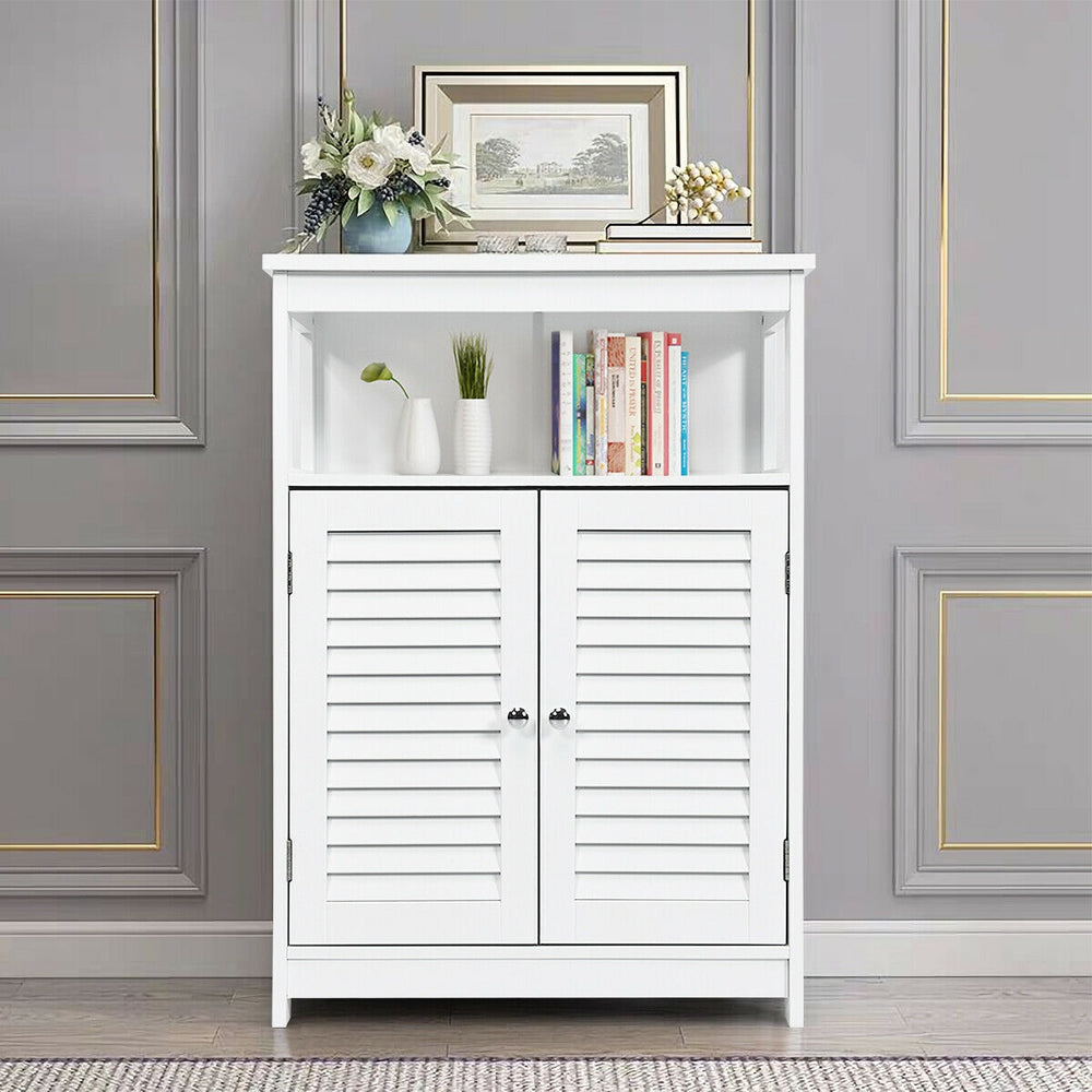 White freestanding bathroom storage cabinet featuring a stylish open shelf and double shutter doors for organized.