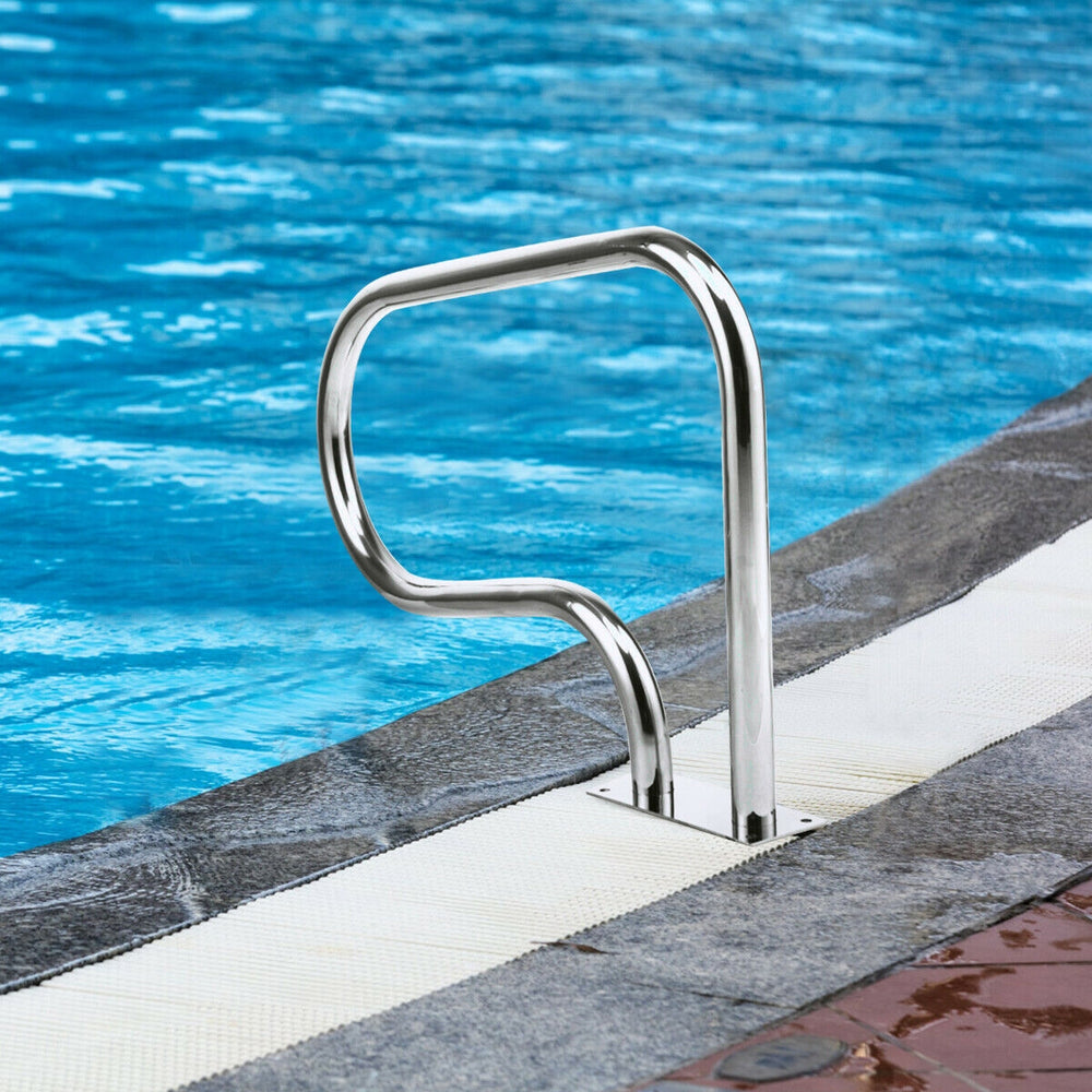 Stainless steel swimming pool handrail featuring a solid square base, designed for secure and comfortable pool entry.