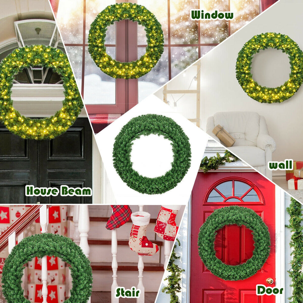 48-inch pre-lit artificial Christmas wreath with 200 LED lights, perfect for decorating doors, walls, or windows.