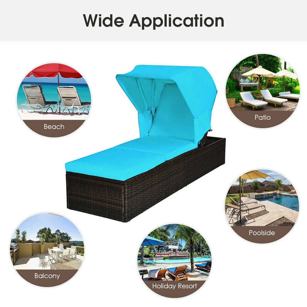 Turquoise outdoor chaise lounge chair featuring a retractable canopy and sponge padded seat cushion, perfect for beach.