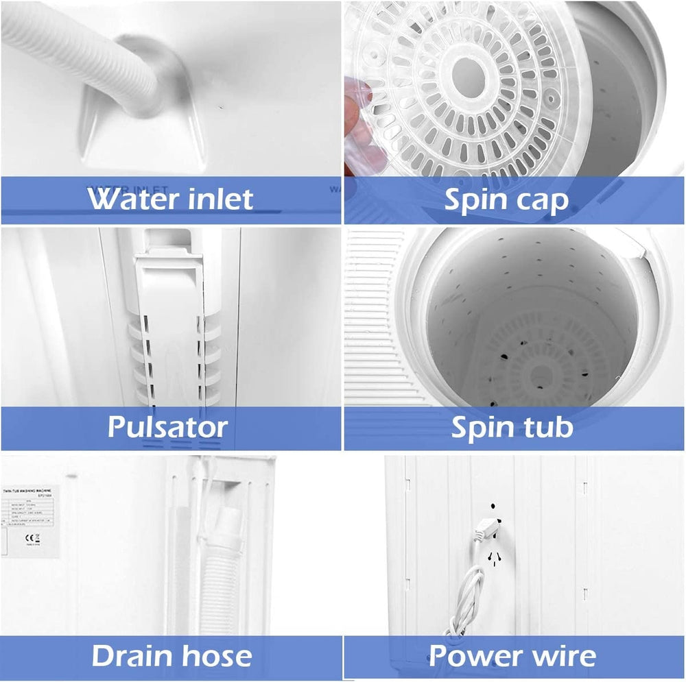 Close-up of the 20 lbs compact twin tub washing machine features, including water inlet, spin cap, and drain hose.