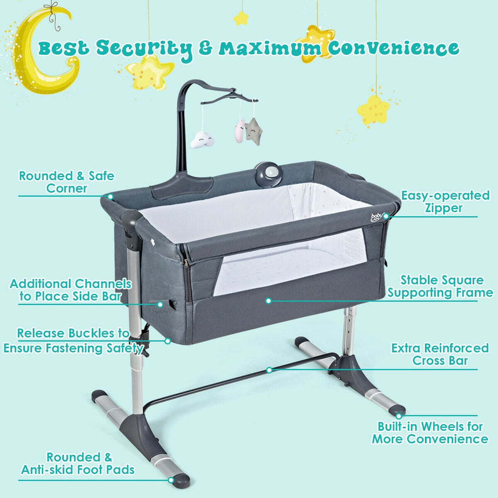 Height adjustable dark gray baby side crib featuring stable square support, safety features, and built-in wheels for.
