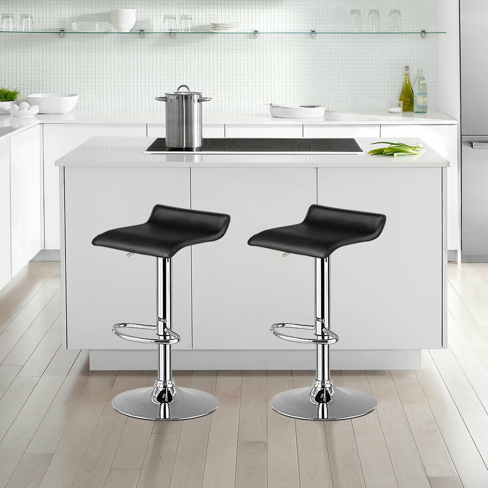 Set of 2 adjustable black PU leather backless bar stools with chrome base, ideal for gatherings and modern kitchens.