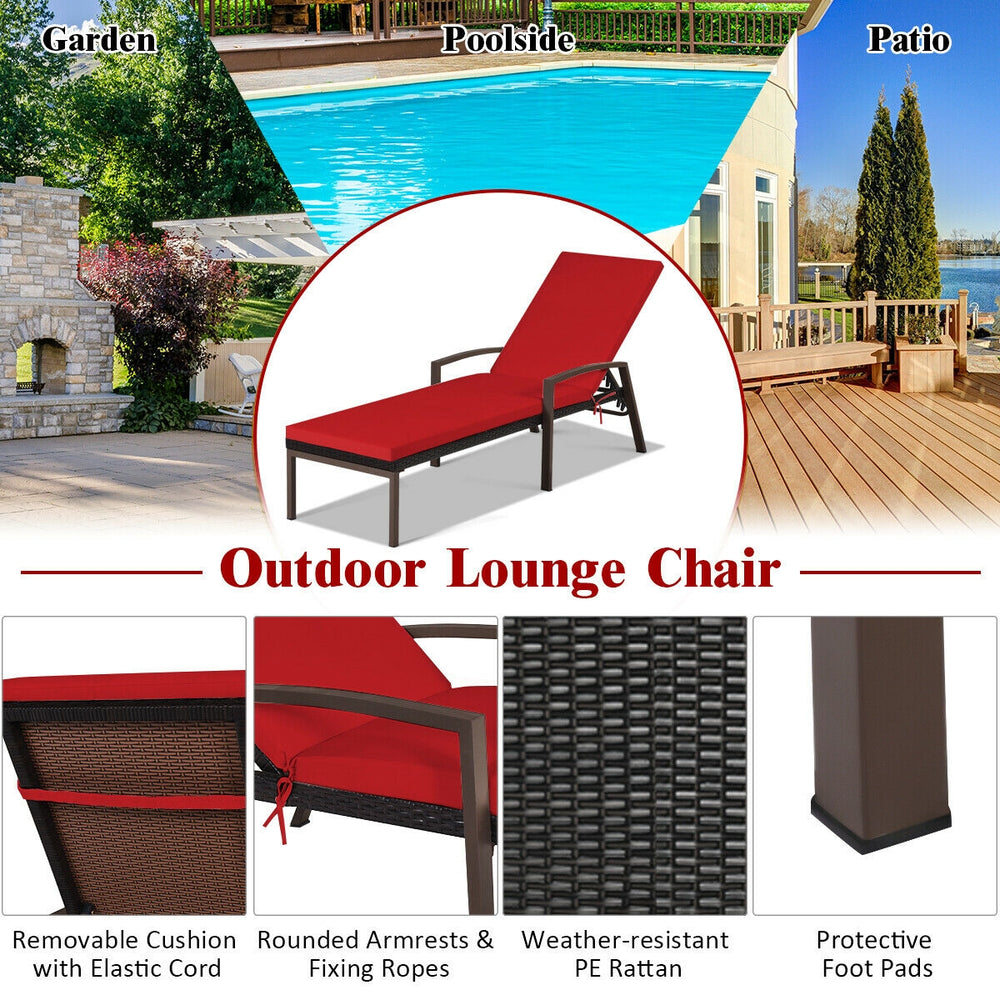 Patio Rattan Lounge Chaise Recliner with Back Adjustable Cushioned-Red - Gallery View 1 of 8