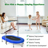 Blue 2-person foldable mini kids trampoline with adjustable height, sturdy springs, and foam-padded handle for safe.