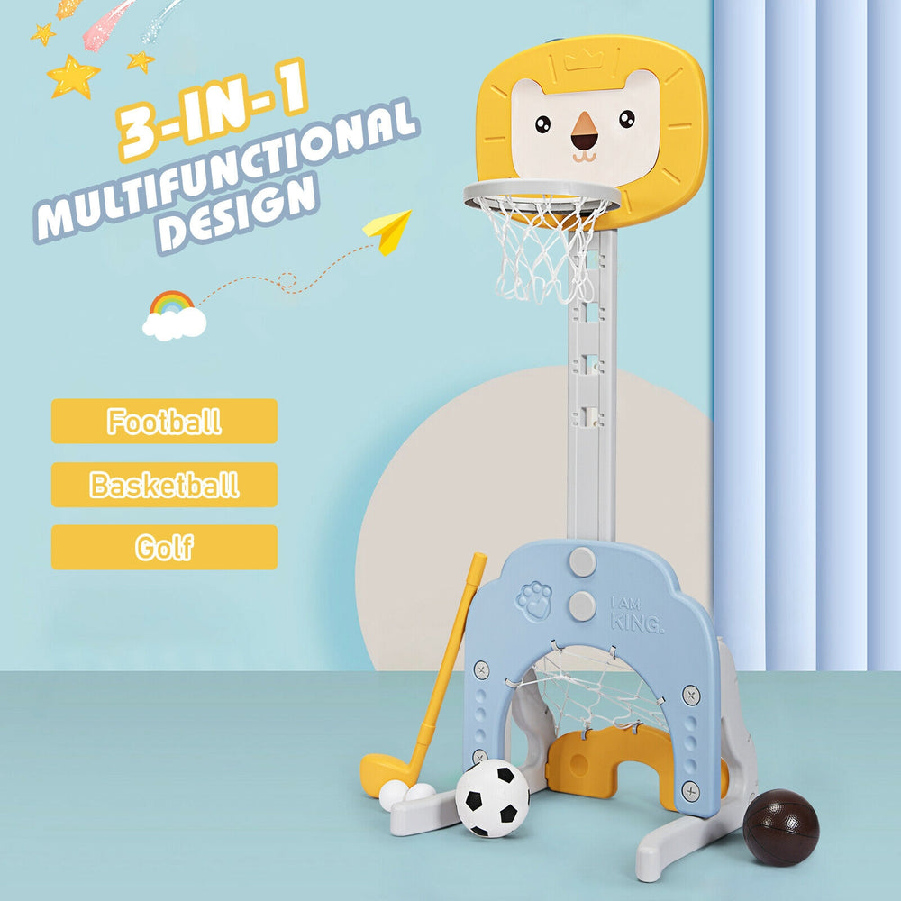 Adjustable kids' basketball hoop set in yellow, featuring basketball, soccer, and golf games for ages 2-7.