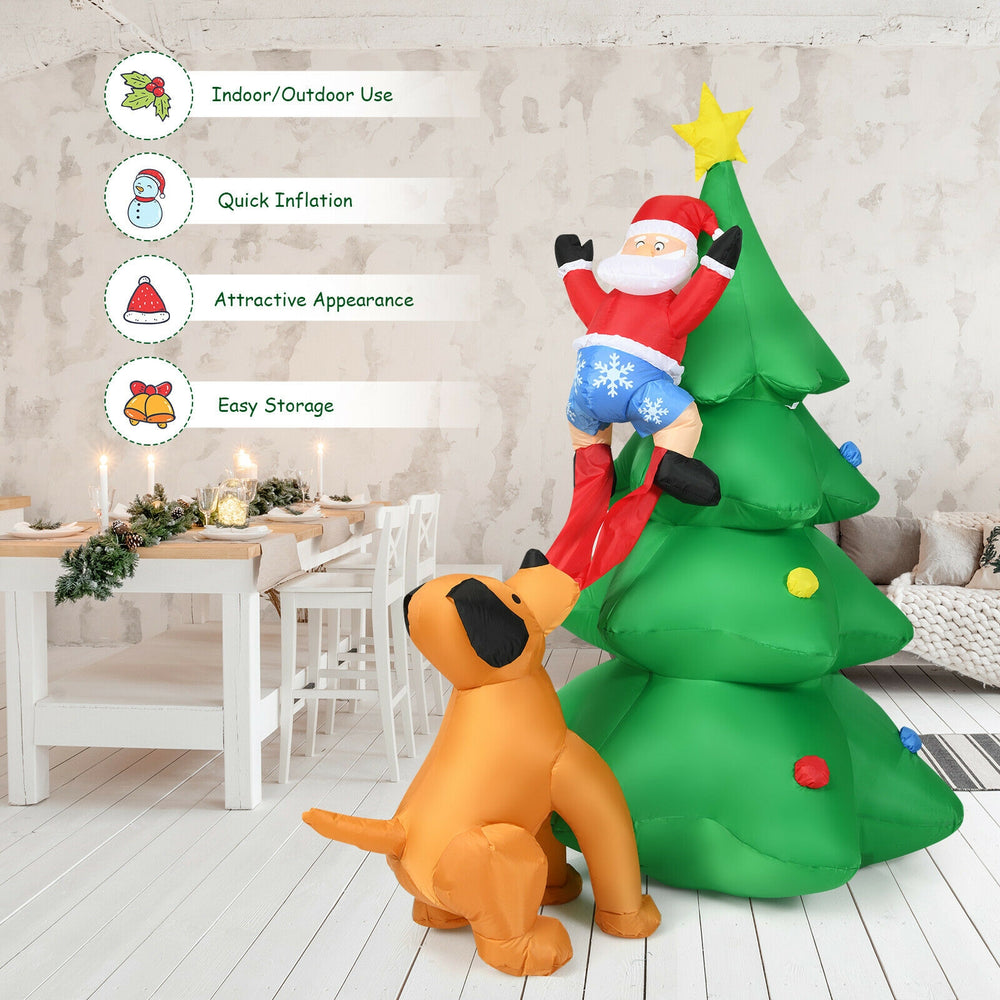 Inflatable Christmas tree with Santa and LED lights, perfect for indoor/outdoor use, stable with sandbag and stakes.