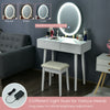 Touch screen vanity makeup table set with lighted elliptical mirror, adjustable lighting, and cushioned stool for.
