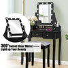 Vanity dressing table set in black with 360° swivel mirror, 10 dimmable bulbs, and cushioned stool for comfortable use.