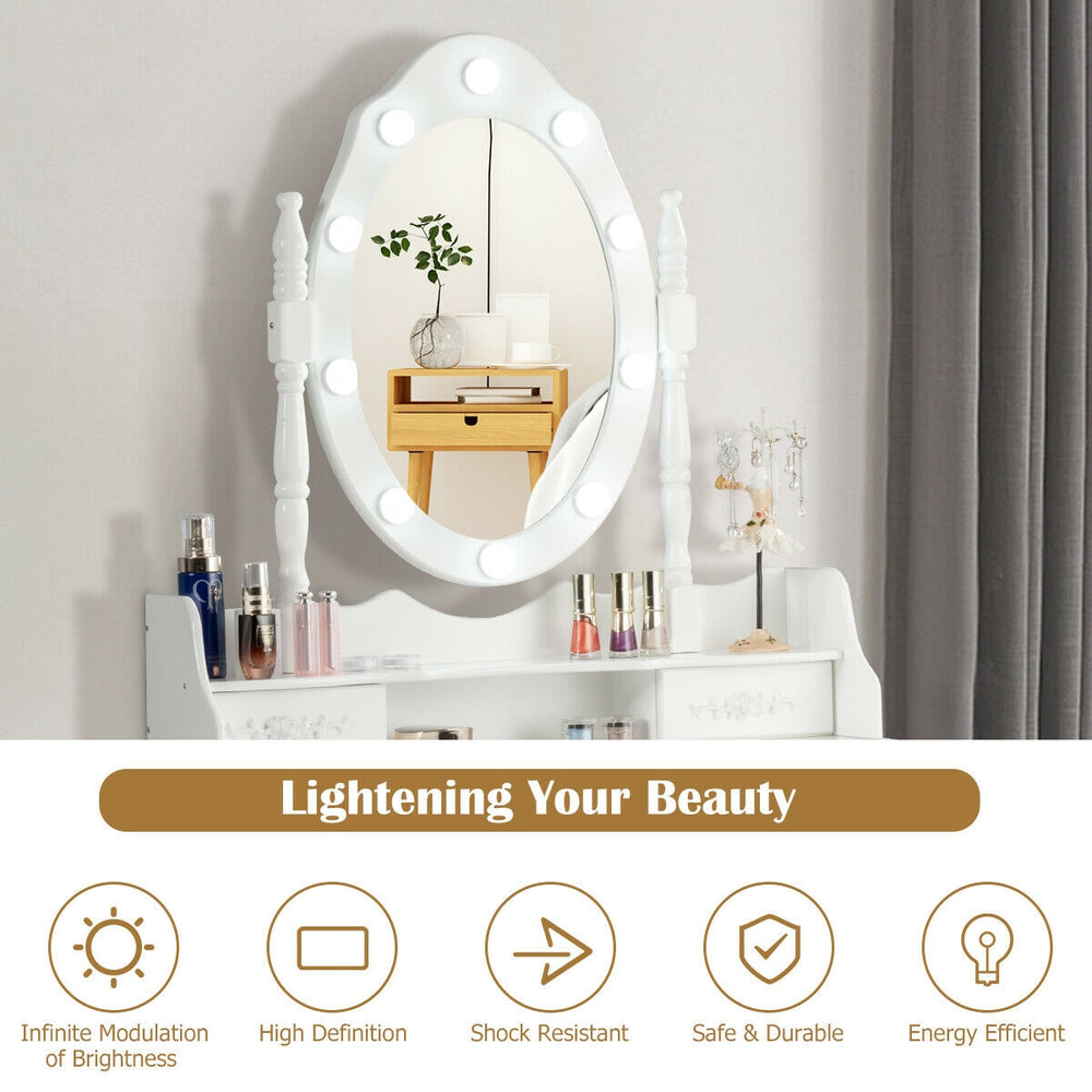 Makeup vanity dressing table set in white with dimmable bulbs, cushioned stool, and large storage space for beauty.