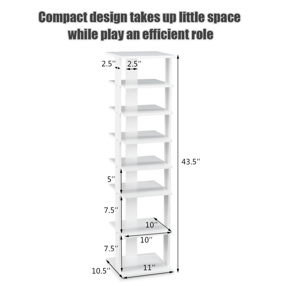 7-tier wooden shoe rack organizer in white, designed for efficient storage in hallways and rooms, measuring 43.5" tall.