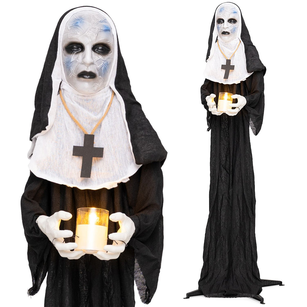 Life-size 5.3 FT animated nun decoration with a flickering candle, perfect for Halloween yard or porch displays.