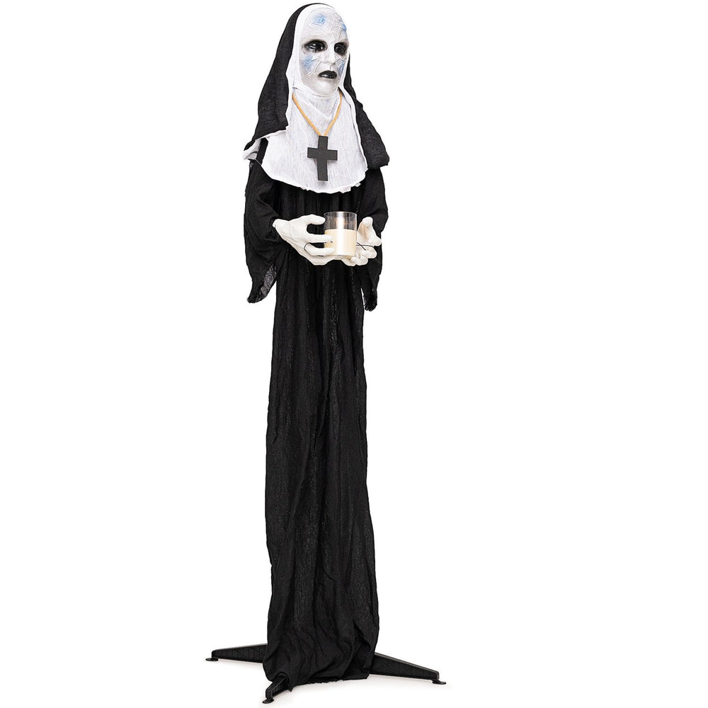 Life-size 5.3 FT animated nun decoration with a flickering candle, perfect for Halloween yard displays and themed parties.