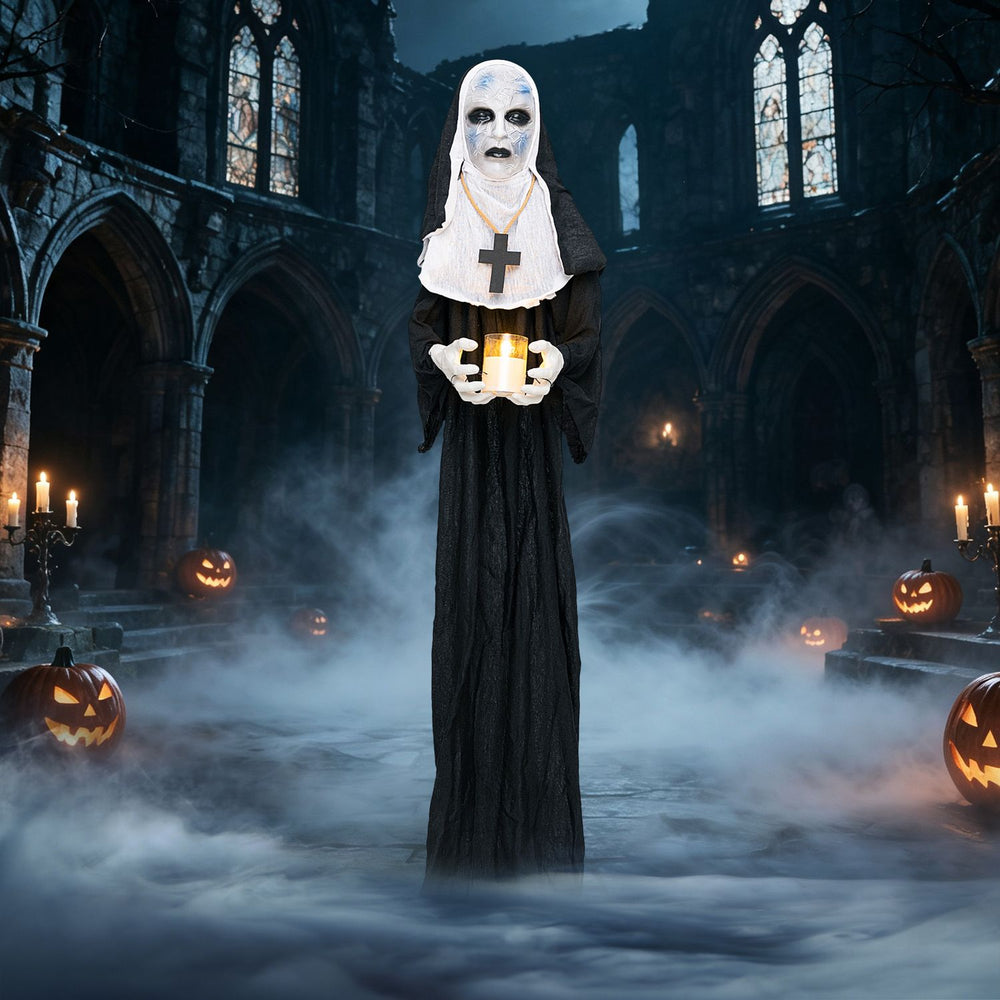 Life-size animated nun Halloween decoration stands menacingly with a flickering candle, enhancing eerie settings for Halloween.