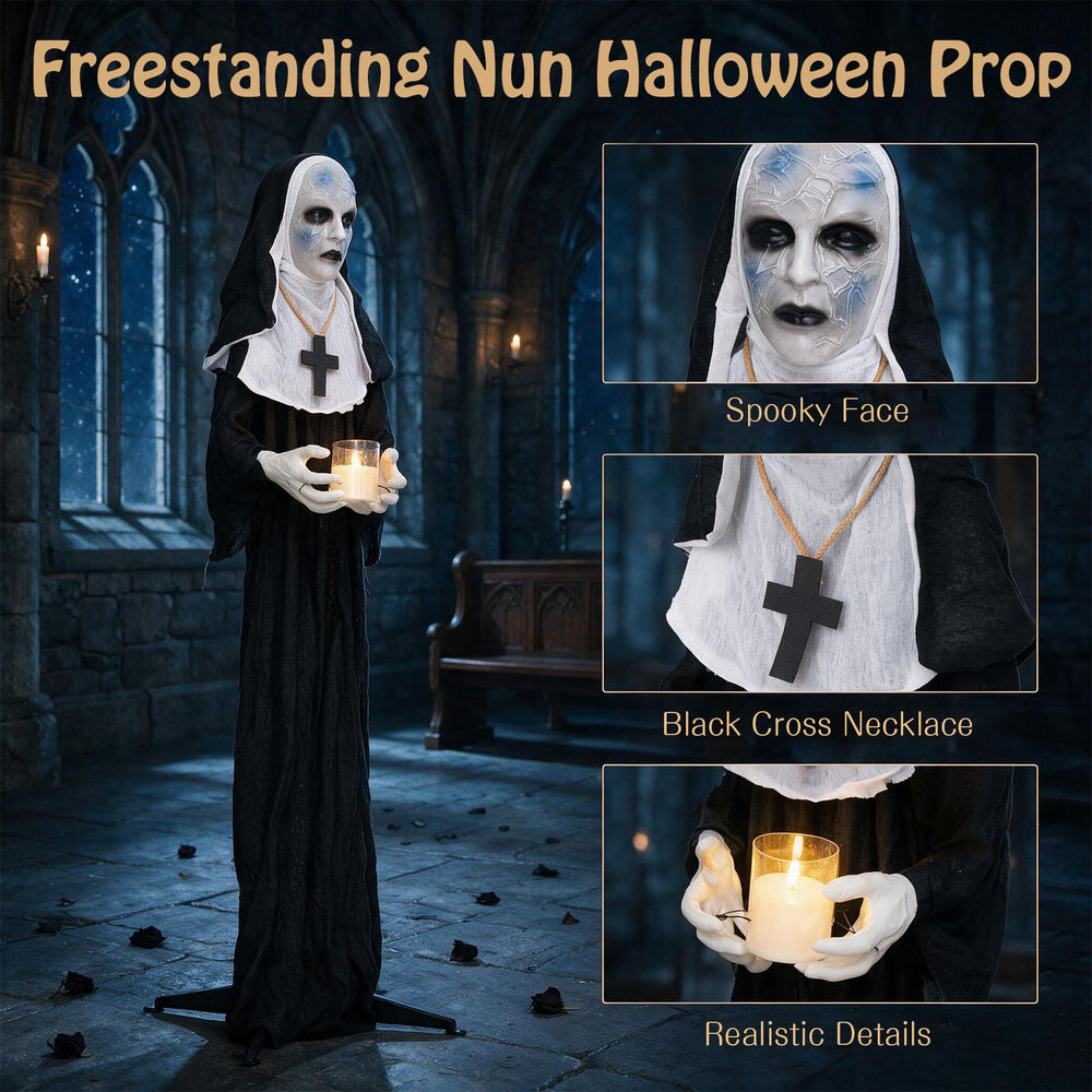 Life-size 5.3 FT animated nun Halloween decoration with a spooky face, black cross necklace, and light-up candle for eerie ambiance.