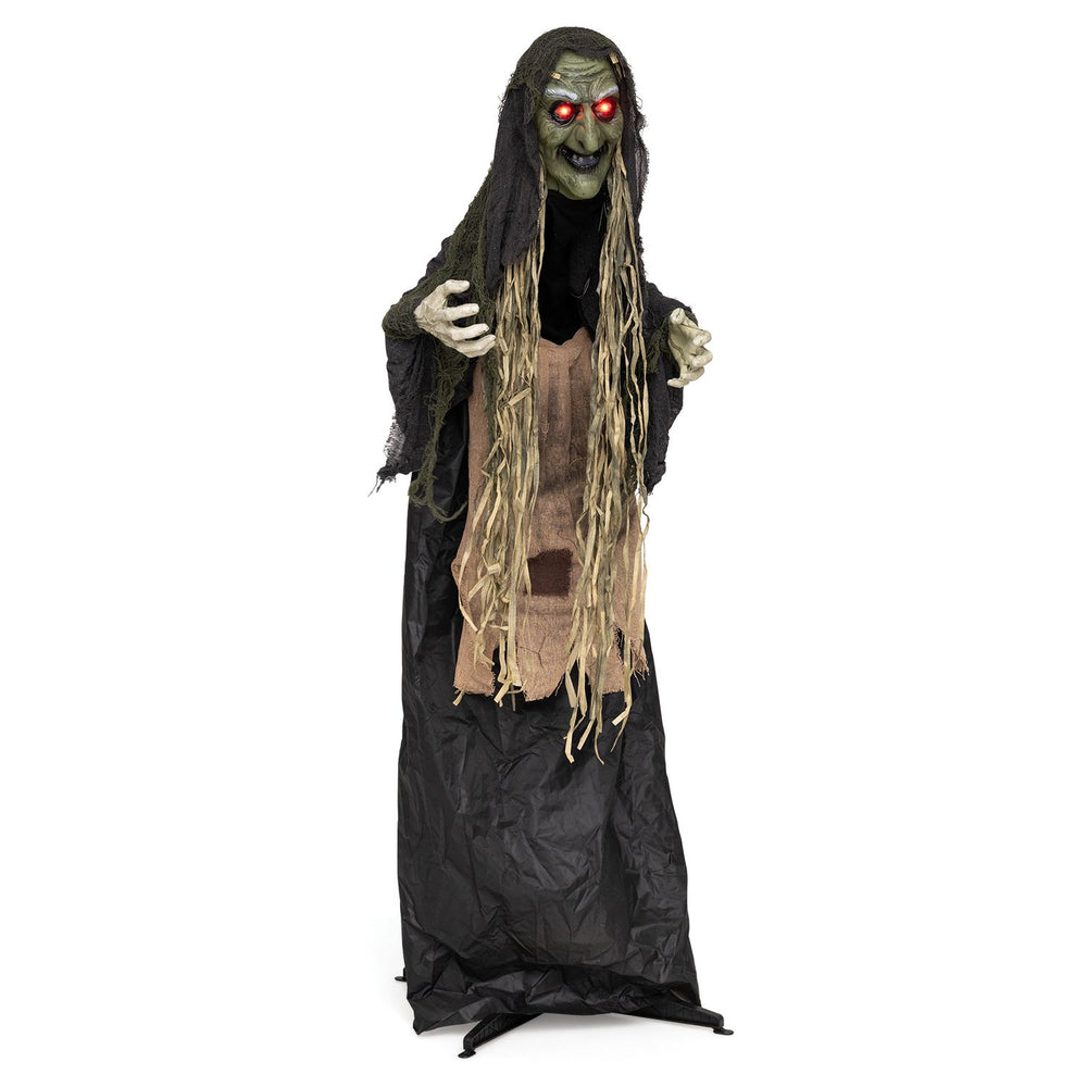 This 5.3 FT hunchback witch prop, with glowing eyes and sound effects, adds a chilling presence to any Halloween gathering.