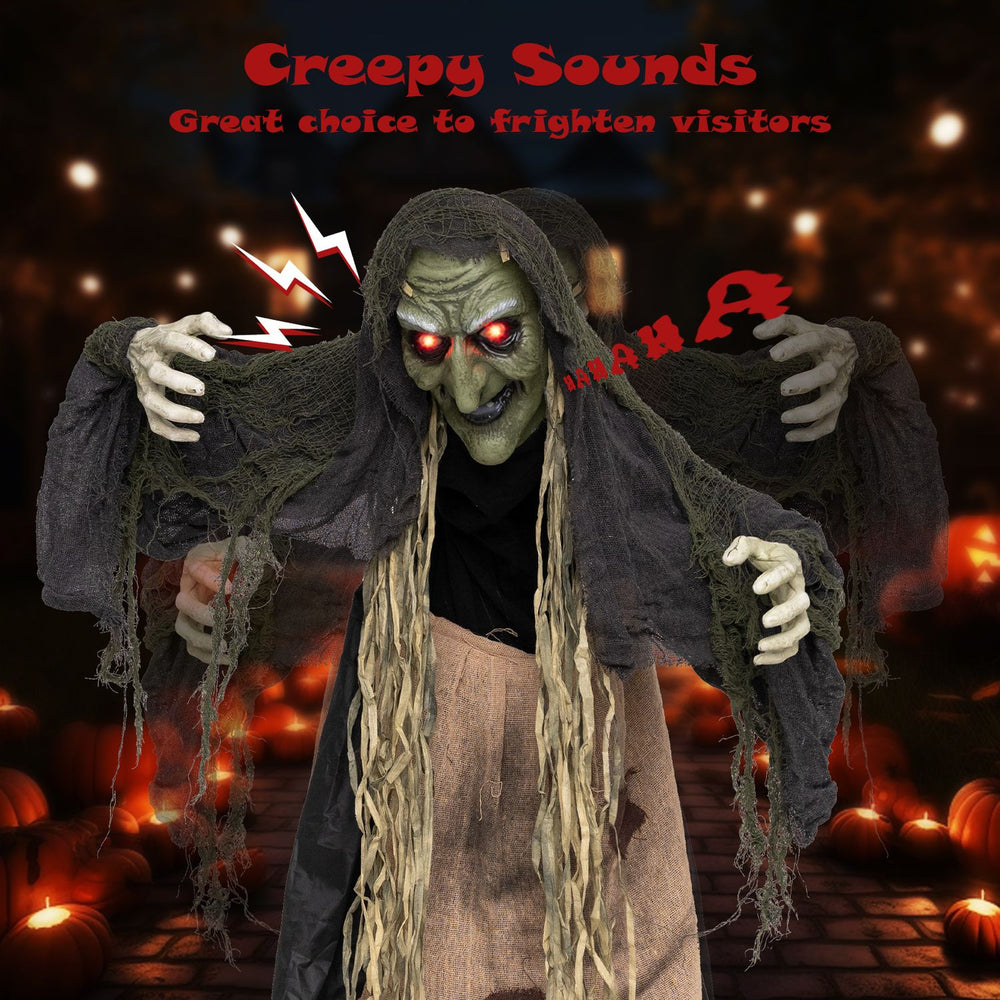 5.3 FT standing hunchback witch prop features light-up eyes and adjustable arms, perfect for frightening visitors indoors or outdoors.