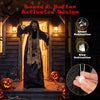 Standing 5.3 FT tall, this hunchback witch prop features light-up eyes and sound effects for indoor or outdoor Halloween displays.