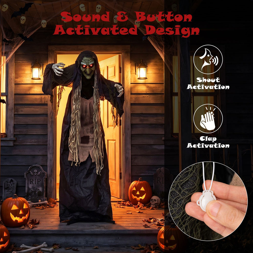 Standing 5.3 FT tall, this hunchback witch prop features light-up eyes and sound effects for indoor or outdoor Halloween displays.