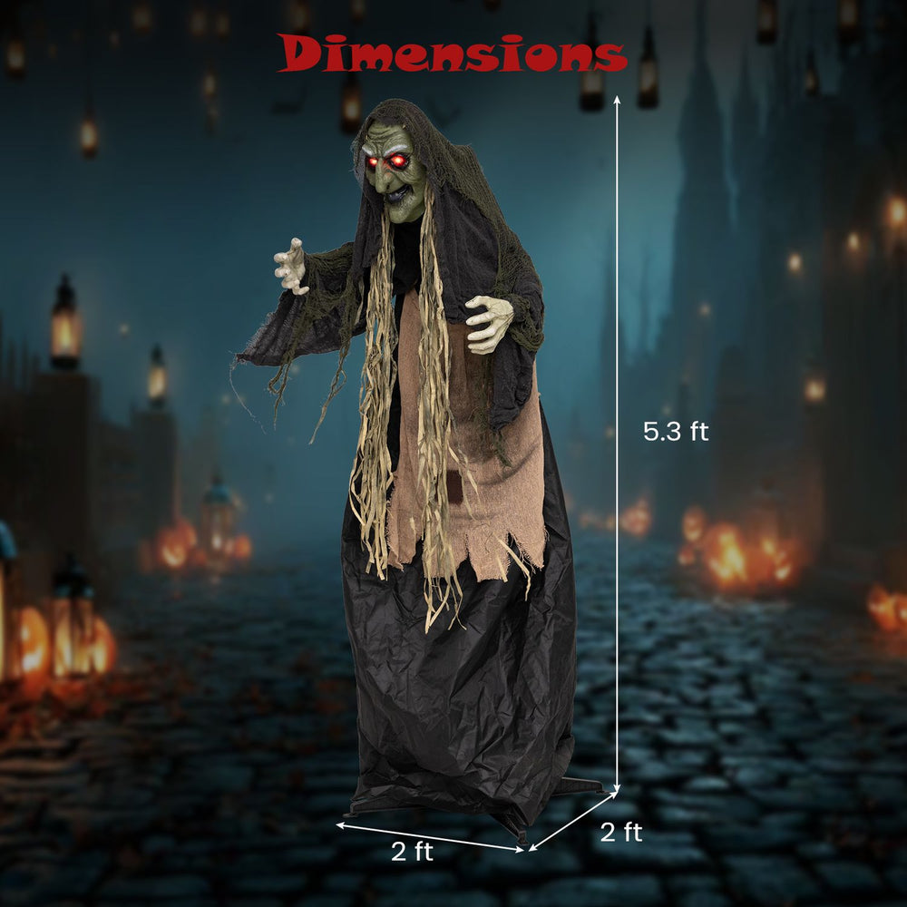 Standing 5.3 ft tall, this hunchback witch prop features light-up eyes and adjustable arms for a spooky Halloween display.