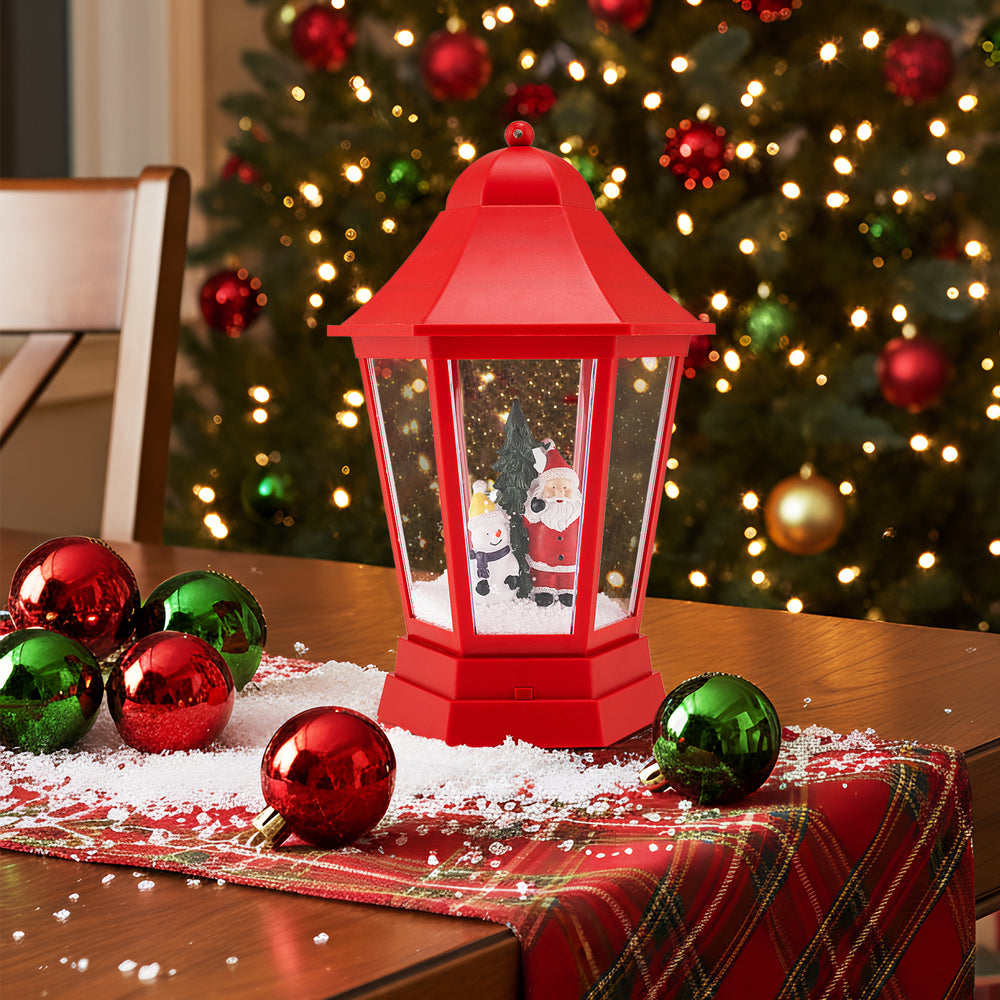 Red musical Christmas street lamp features Santa and snowman scene with swirling snow and LED lights for festive decor.