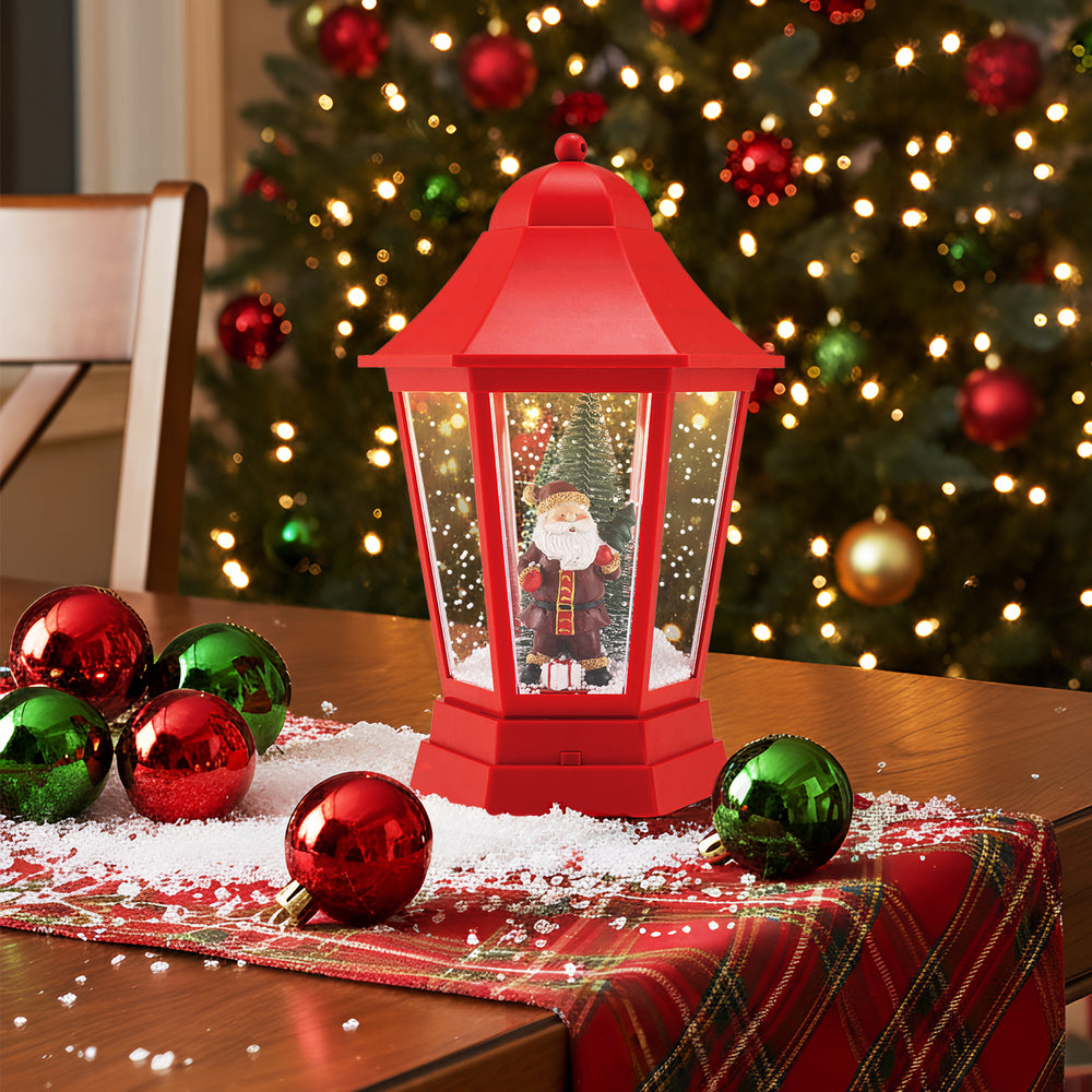 Red musical Christmas street lamp featuring Santa and snowman scene, with 60 LED lights for festive tabletop decor.