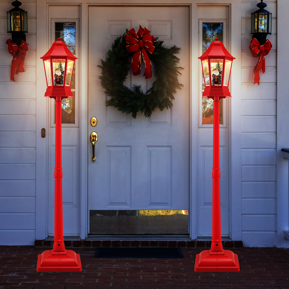 Red 5.3 feet musical Christmas street lamp with 60 LED lights, featuring a festive Santa scene for holiday decoration.