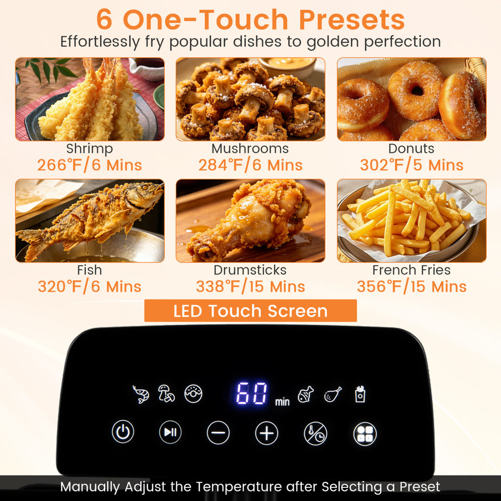 5.3-Qt electric deep fryer with LED touch screen and 6 presets for frying shrimp, fish, and donuts to golden perfection.
