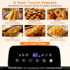 5.3-Qt electric deep fryer with LED touch screen and 6 presets for frying shrimp, fish, and donuts to golden perfection.
