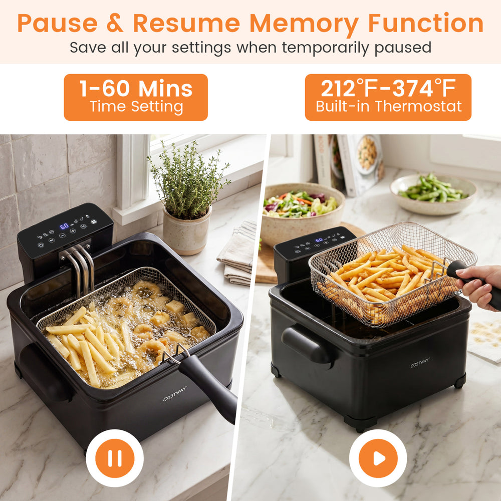 5.3-Qt electric deep fryer with LED touch screen, three baskets, and a built-in thermostat for precise frying results.