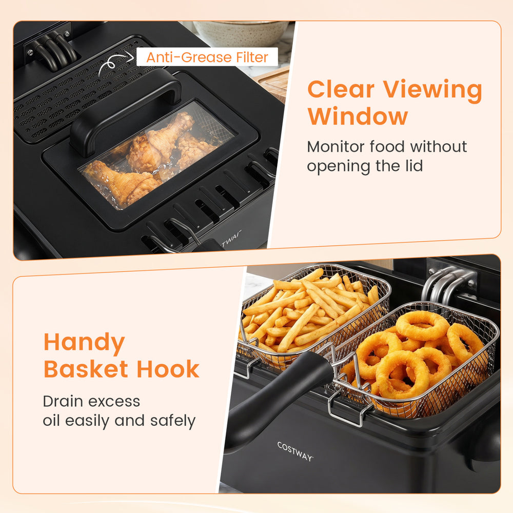 Electric deep fryer with a clear viewing window, 3 baskets, and anti-grease filter for easy cooking and oil drainage.