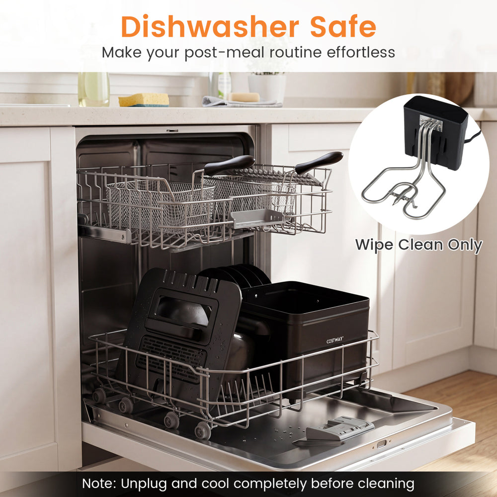 5.3-Qt electric deep fryer with three baskets, LED touch screen, and dishwasher-safe components for easy cleaning.