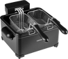 Electric deep fryer with three baskets, 1700W power, LED touch screen, and six presets for versatile cooking.