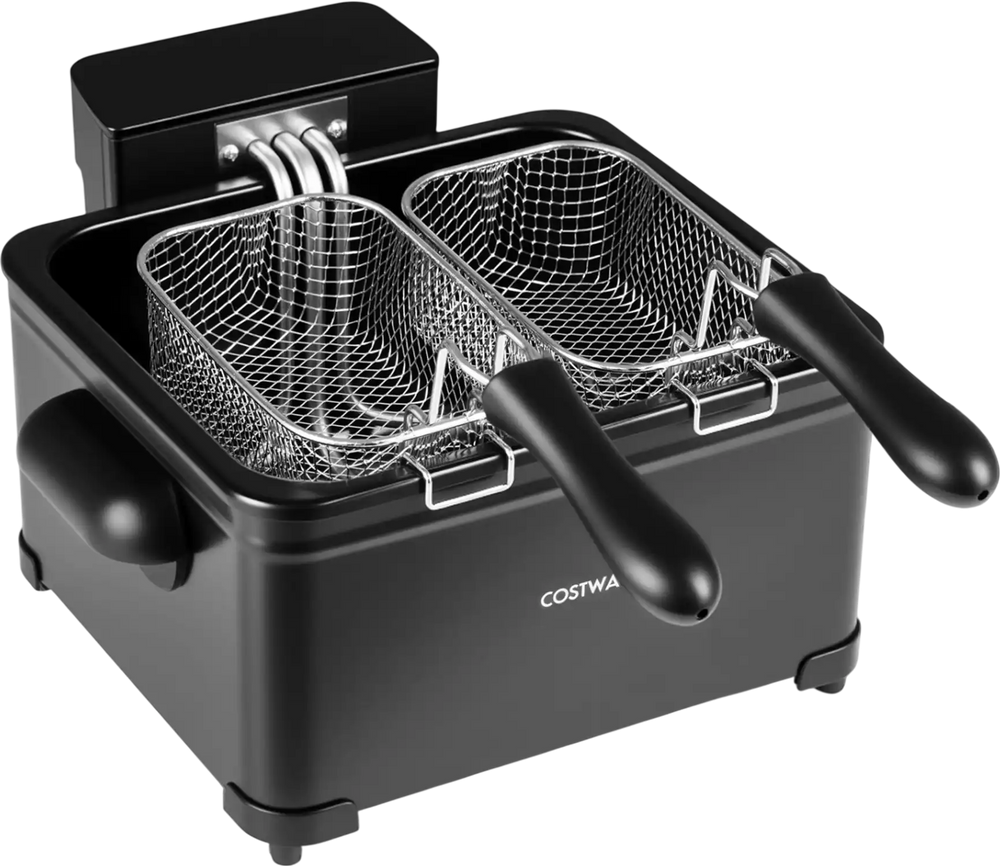Electric deep fryer with three baskets, 1700W power, LED touch screen, and six presets for versatile cooking.
