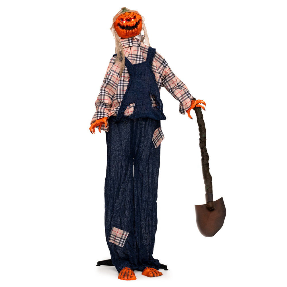 5.3 ft Halloween decoration features a moving pumpkin head, glowing red eyes, and a lifelike shovel for outdoor scares.