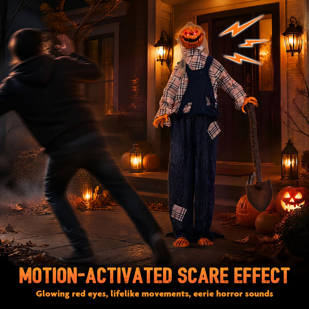 5.3 ft Halloween decoration features glowing red eyes, lifelike movements, and a shovel for an eerie outdoor scare.