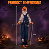 Dimensions of the 5.3 ft Halloween decoration show a spooky figure with a shovel, perfect for outdoor fright scenes.