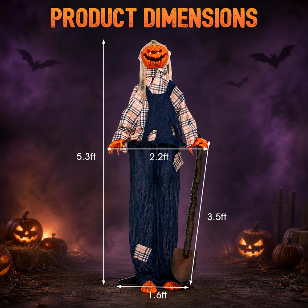 Dimensions of the 5.3 ft Halloween decoration show a spooky figure with a shovel, perfect for outdoor fright scenes.