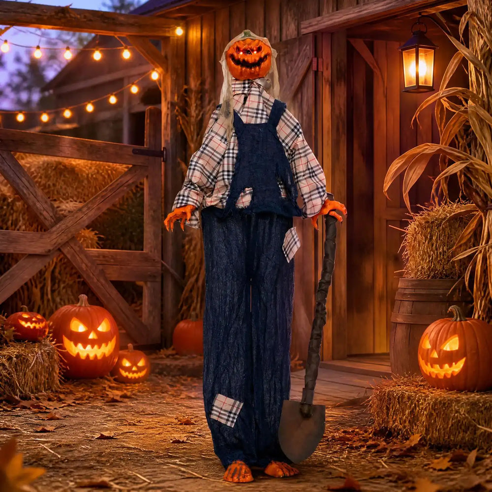 5.3 ft Halloween decoration features a pumpkin head, glowing red eyes, and a shovel for an eerie outdoor display.