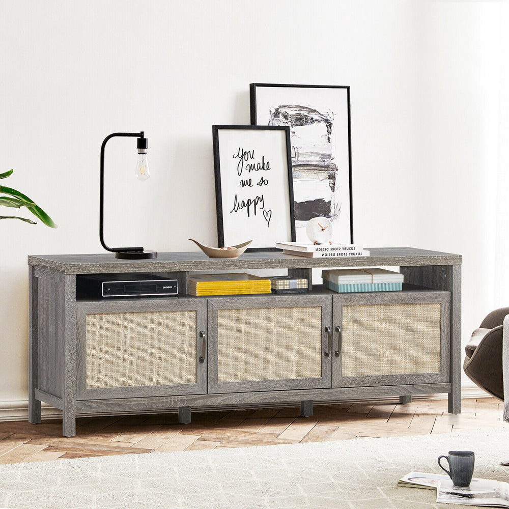 Gray TV stand featuring a large top panel for TVs up to 65 inches, with three cabinets and elegant retro design.