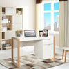Modern white computer desk with a large drawer and cabinet, ideal for home office or study use in stylish design.